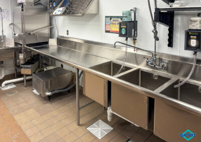 Warewashing Area: Soiled Table with Overshelf, Clean Table with 3-Compartment Sink, Drying Rack