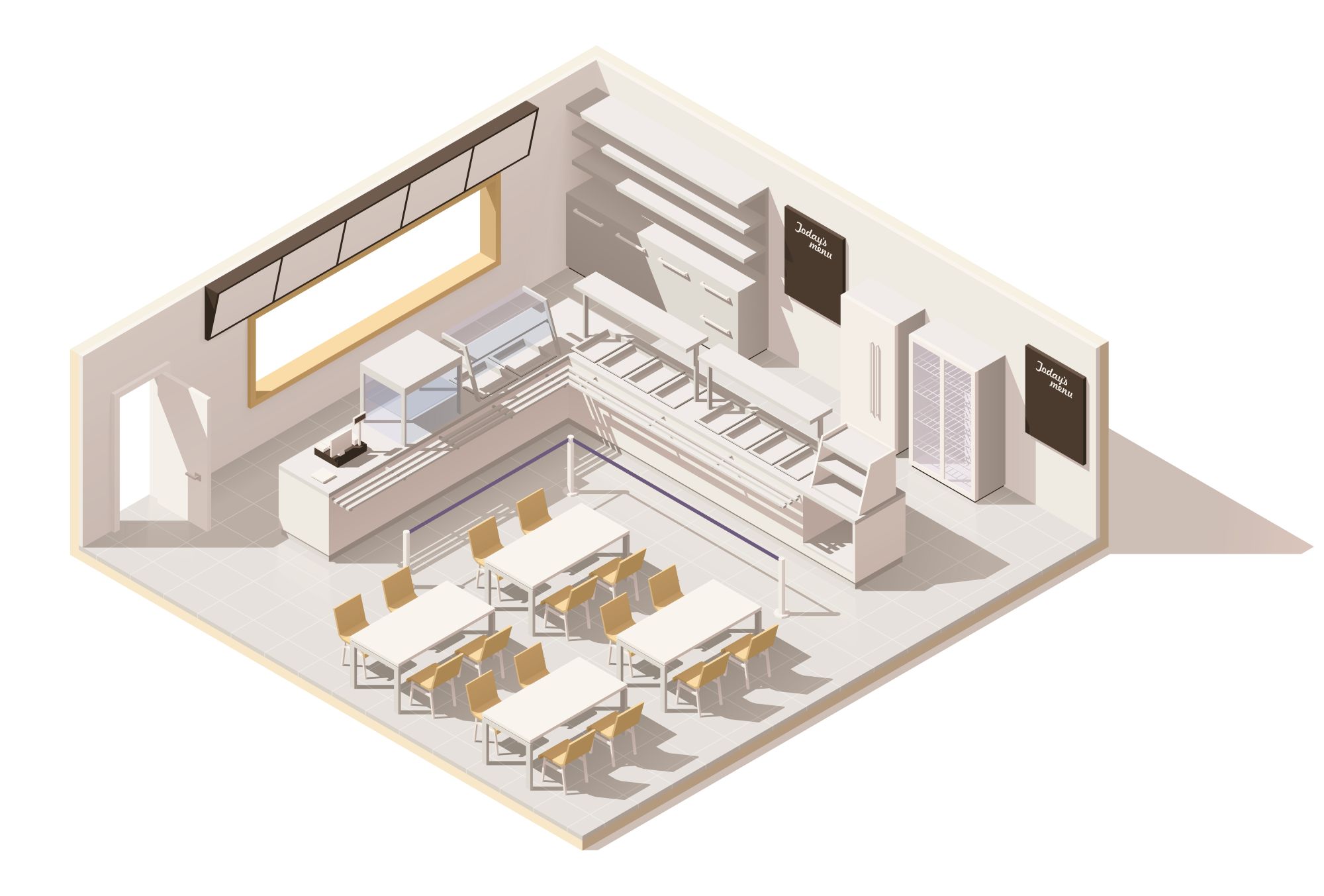Isometric illustration of a restaurant layout with service counter and dining seating