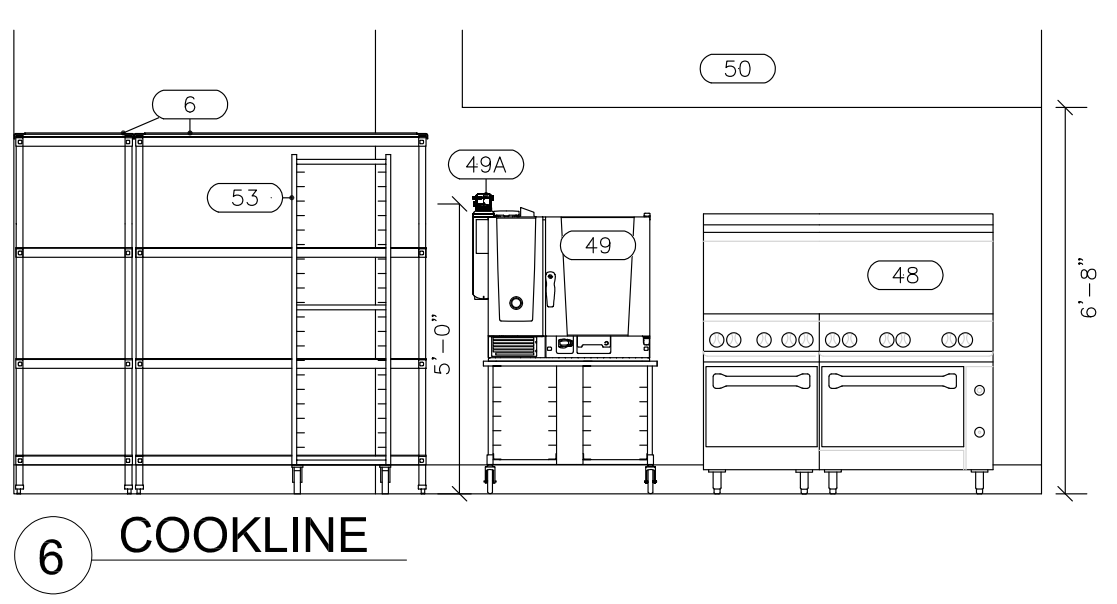 Commercial kitchen cookline area design drawing with equipment layout and dimensions